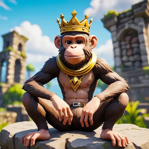 Prompt: the fortnite skin who is an monkey with a victory crown on his head sitting on a rock in restored ruins with a blurred backround