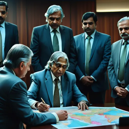 Prompt: (tension-filled scene), government officials discussing, Dr. Kalam’s team engaging, serious expressions, intense body language, formal attire, a conference room filled with maps and documents, cool and muted color tones, dramatic lighting highlighting faces, high stakes atmosphere, (4K detailed), cinematic experience, suspenseful ambiance, intricate details of negotiation dynamics, symbolic gestures, background shows a large screen with missile graphics.