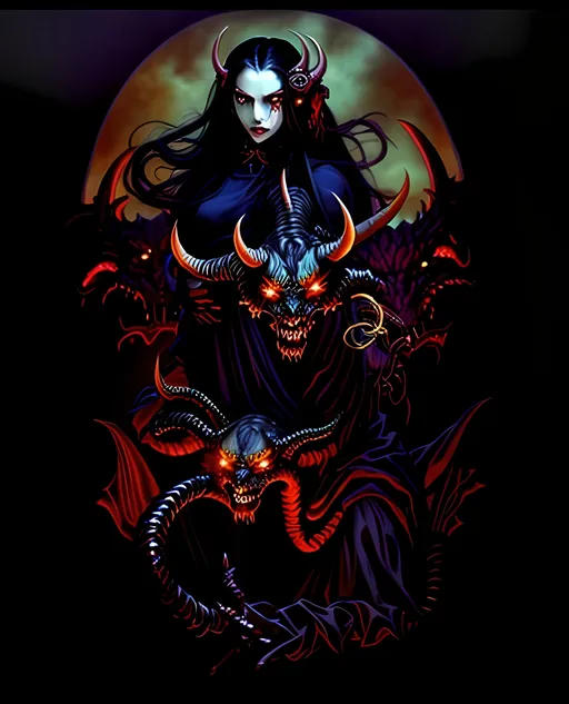 Prompt: a woman with a demon head and demon horns on her head, and a demon demon on her shoulder, Anne Stokes, gothic art, dark art, a silk screen Chinese dragon circles her 