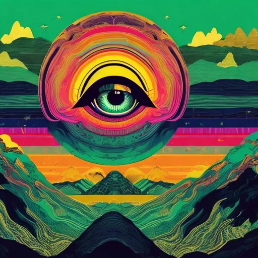 Prompt: A big psychedelic eye overlooking a mountain landscape, with a retro vintage film colour scheme