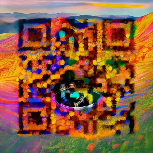 Prompt: A big psychedelic eye at the at the top of a valley with warm autumn colours