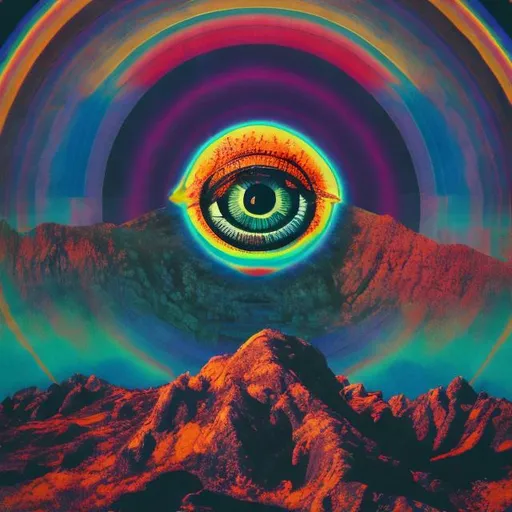Prompt: A big psychedelic eye overlooking a mountain landscape with a film photo effect