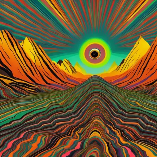 Prompt: A big eye blending into a psychedelic mountain landscape with a retro vintage film colour scheme