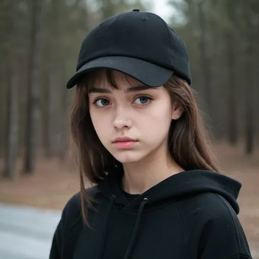 Prompt: A handsome and melancholy girl wearing a black sweatshirt and hat, with cold eyes
