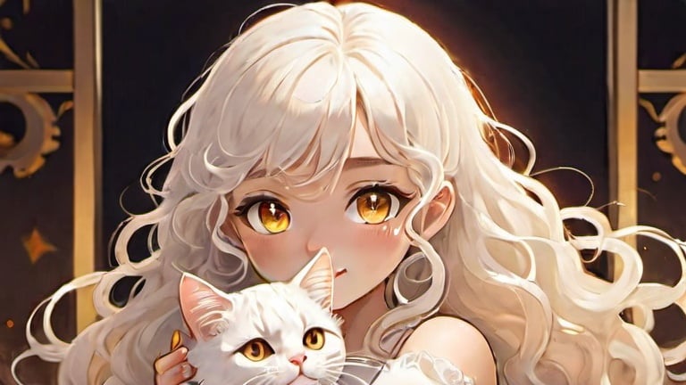 Prompt: anime style, warm and light background, a young girl, white long curly hair, golden eyes, playing with a cat, marry facial expression