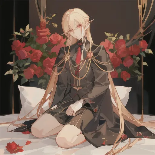 Prompt: Anime illustration of a young boy vampire with red eyes, blond curly hair, kneeling on a bed surrounded by red and white roses, a medium-aged human with black long hair and black eyes, wearing a golden metal monocle, bending close to the vampire's elf ear, intense and blushing face, detailed eyes, golden metal monocle, roses, anime style, detailed hair, atmospheric lighting, romantic, detailed eyes, close interaction, professional, highres, cool tones, detailed hair