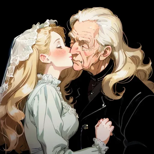 Prompt: Anime-style illustration of a young girl in a white wedding dress, kissing an older gentleman in a black windbreaker, curly blonde hair, vintage clothing, tender kiss, detailed facial features, romantic lighting, soft color palette, high quality, anime, romantic, vintage, detailed hair, gentle expressions, soft lighting, professional