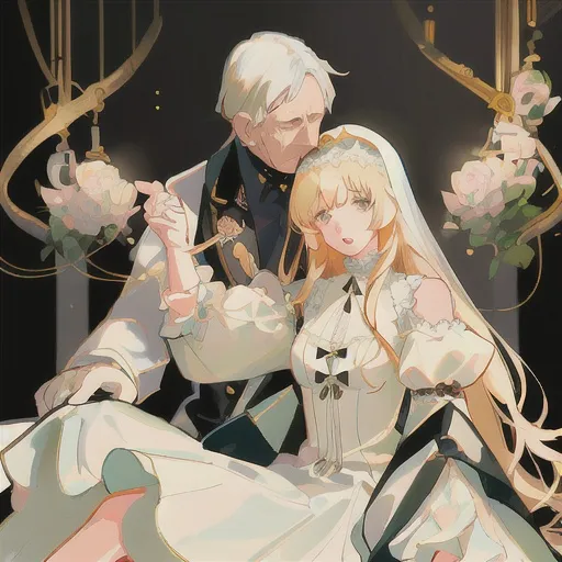 Prompt: Anime-style illustration of a young girl in a white wedding dress, kissing an older gentleman in a black windbreaker, curly blonde hair, vintage clothing, tender kiss, detailed facial features, romantic lighting, soft color palette, high quality, anime, romantic, vintage, detailed hair, gentle expressions, soft lighting, professional
