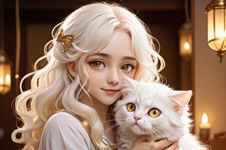 Prompt: anime style, warm and light background, a young girl, white long curly hair, golden eyes, playing with a cat, marry facial expression