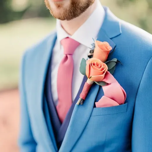 Prompt: groom in a cerulean blue suit with pink tie and orange rose boutonnière 