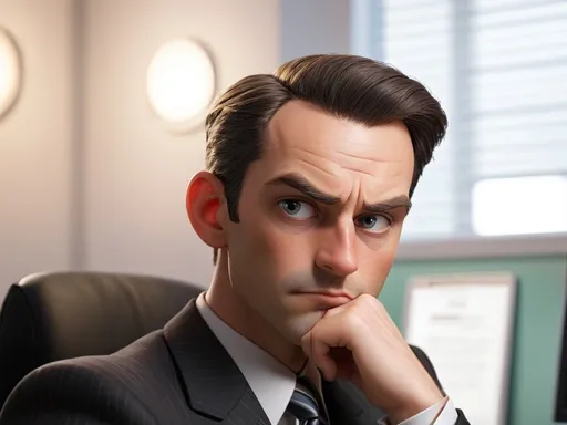Prompt: A sharply dressed man sits confidently at a desk, exuding professionalism, with his hands clasped thoughtfully in front of him. He sports a sleek suit and a striped tie, highlighting his polished appearance against the muted, monochrome backdrop. Papers and a few folders are neatly arranged on the desk, suggesting a workspace that is organized and focused. The lighting is soft, emphasizing his facial features while imparting a serious yet approachable demeanor. The graphic design elements overlaying the image, including the words "GRAPHIC DESIGN" and the name displayed prominently, suggest a context of branding or professional identity, reinforcing the man's role within the creative field.