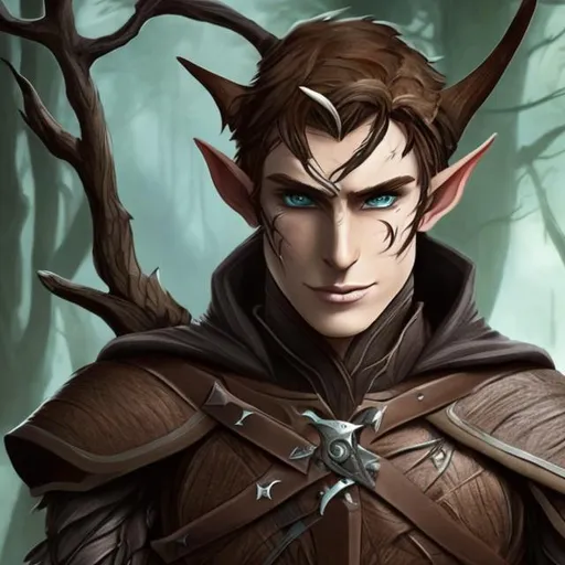 Prompt: Male Wood Elf Rogue, leather armor, scars , leather Chest Guard, green cloak, Brown Hair, Hazel eyes, visible face, pretty face features, high fantasy,
