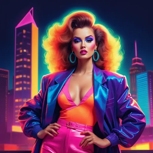 Prompt: Retro-style, 80s-inspired illustration of a confident woman with good shapes, voluminous hair, vibrant and colorful wardrobe, bold makeup, exaggerated proportions, neon-lit cityscape in the background, high-quality, retro, glamorous, vibrant colors, voluminous hair, confident posture, exaggerated features, neon lighting