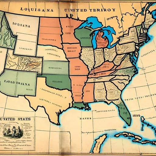 Prompt: A map of the United States in 1803, showing the original 13 colonies and newly acquired Louisiana Territory.