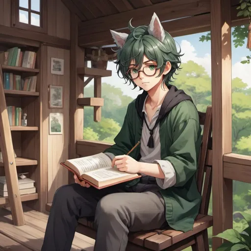 Prompt: Anime style. A shota, medium-long hair, dark green hair, slightly curly hair, messy hair,  gray eyes, animal ears, tassel earrings in only one side,  wearing in country style and shallow frame glasses,  live in the tree house, sit on a wooden chair reading the book