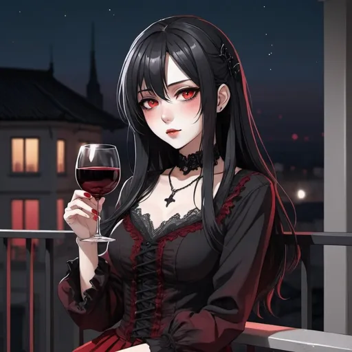 Prompt: Anime style.
Black hair, casual hairstyle, gradient color.
Gray and red eyes.
Gothic outfit.
Shaking the red wine glass.
Sitting on the balcony at night.

