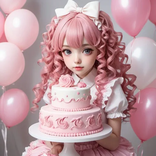 Prompt: in anime style
height 160
girl
pink and curly hair
party party party
cake and dessert
cute lolita

