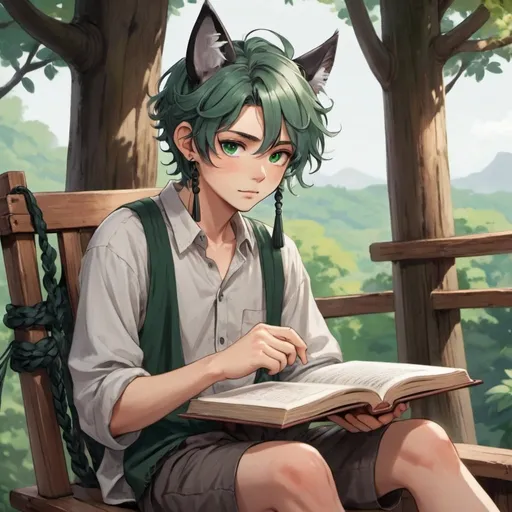 Prompt: A shota, dark green hair, slightly curly hair, messy hair,  gray eyes, animal ears, tassel earrings, A thin braid on the temples, wearing loose shirt,  live in the tree house, sit on a wooden chair reading the book