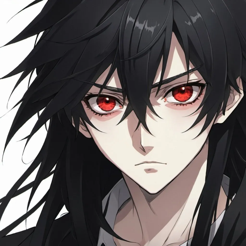 Prompt: Anime style, messy long black hair shota, red eyes, exiling