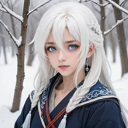 Prompt: White hair, blue eyes
Exiles
On a snowy day
have a tassel on the ears
Walking lonely
In anime style. 



