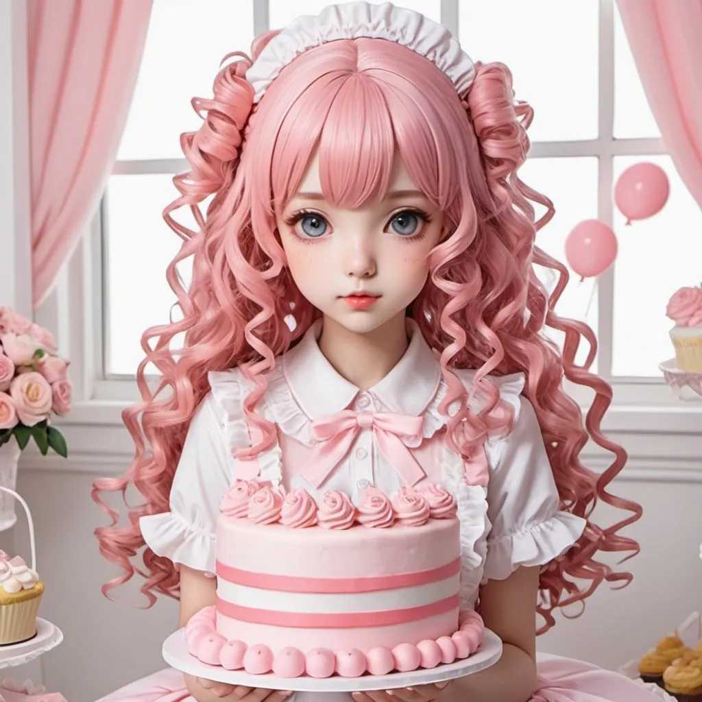 Prompt: in anime style
height 160
girl
pink and curly hair
party party party
cake and dessert
cute lolita

