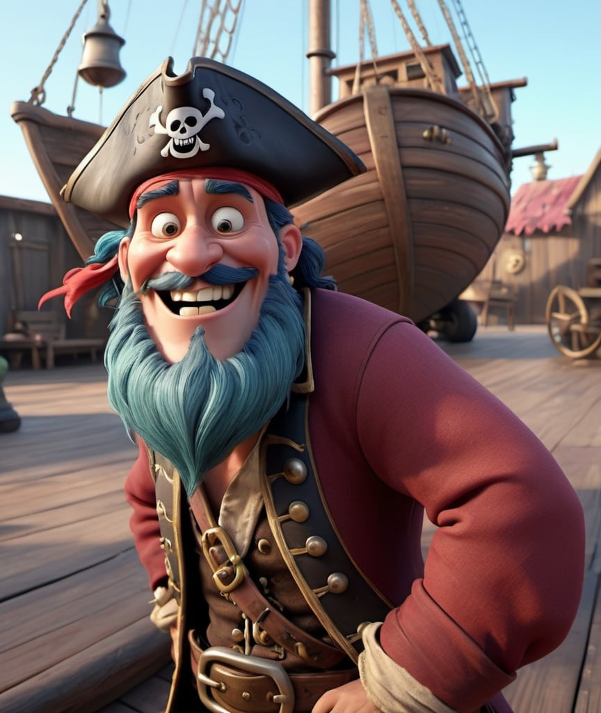 Prompt: Disney pixar character, 3d render style, old pirate evil laugh, cinematic colors