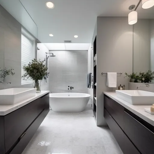 Prompt: beautiful spotless clean modern master bathroom 