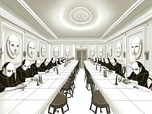 Prompt: <mymodel>White room with long row of people wearing white masks, straight tables, professional setting, minimalist, high quality, bright lighting, white aesthetic, empty white masks, symmetrical arrangement, clean and crisp, minimalist art, long row, professional attire, bright and clean, highres, symmetrical layout, minimalist design, white background, bright lighting