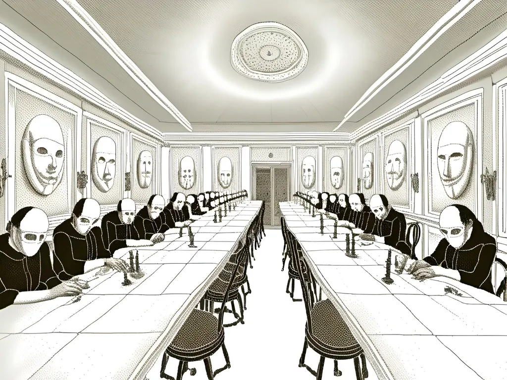 Prompt: <mymodel>White room with long row of people wearing white masks, straight tables, professional setting, minimalist, high quality, bright lighting, white aesthetic, empty white masks, symmetrical arrangement, clean and crisp, minimalist art, long row, professional attire, bright and clean, highres, symmetrical layout, minimalist design, white background, bright lighting