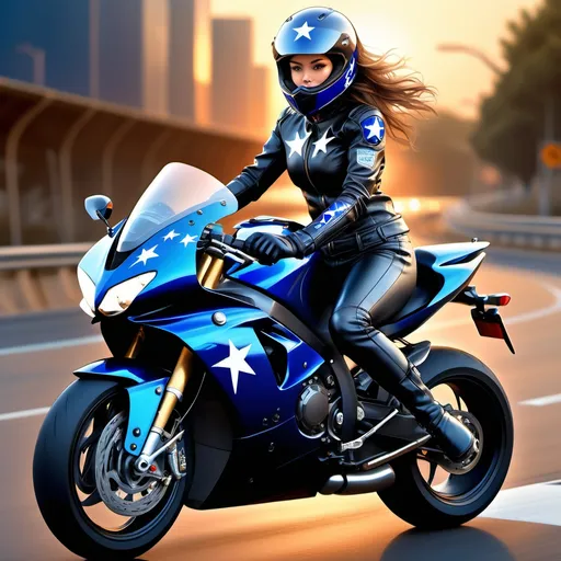 Prompt: fantasy scene, female rider in a black jacket and long pants, wearing gloves and boots, full face black helmet, riding a striking blue superbike, embellished with a vibrant star sticker, highway, warm color scheme, rich and inviting atmosphere, high detail, photorealistic, ultra-detailed, high-quality.