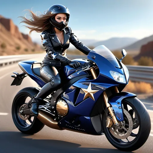 Prompt: fantasy scene, female rider in a black jacket and long pants, wearing gloves and boots, full face black helmet, riding a striking blue superbike, embellished with a vibrant star sticker, highway, warm color scheme, rich and inviting atmosphere, high detail, photorealistic, ultra-detailed, high-quality.