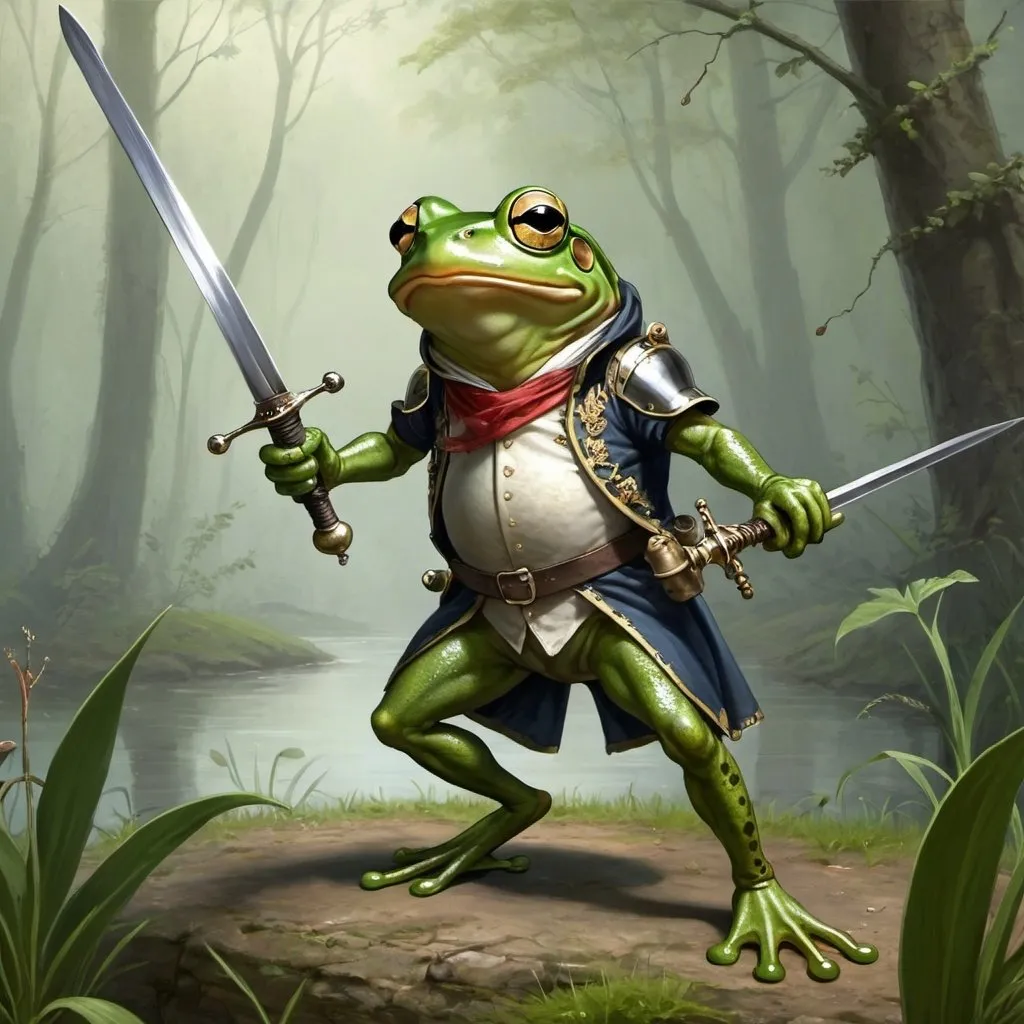 Prompt: a frog using a Rapier