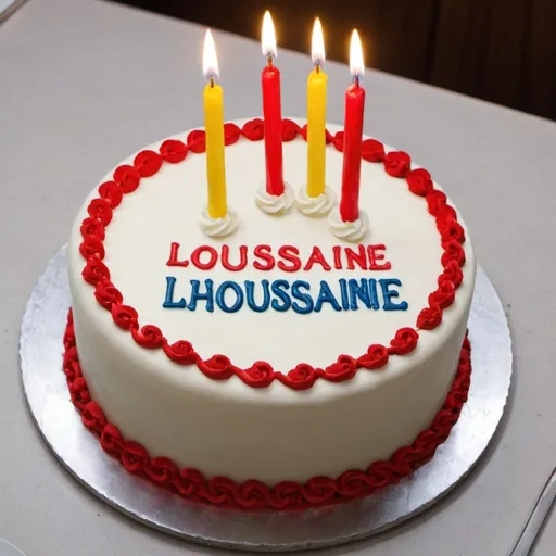 Prompt: A birthday cake with the name of Lhoussaine on it