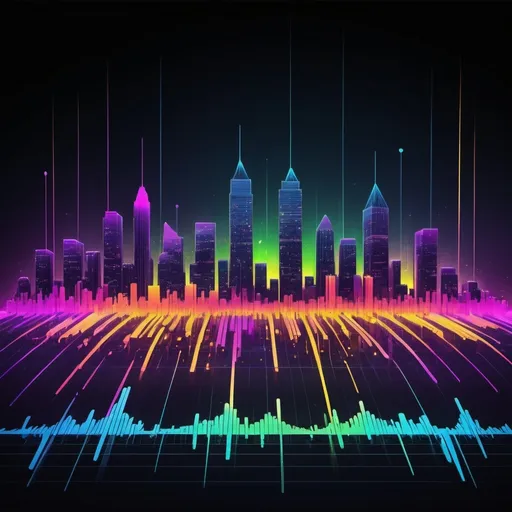 Prompt: (vibrant visual representation of city data as music), abstract soundwave patterns, intricate cityscape background, neon colors, flowing lines symbolizing rhythm, intersecting data visuals, each element reflecting a unique musical note, dynamic and lively ambiance, evoking creativity, high-definition, ultra-detailed design for a captivating artistic effect.