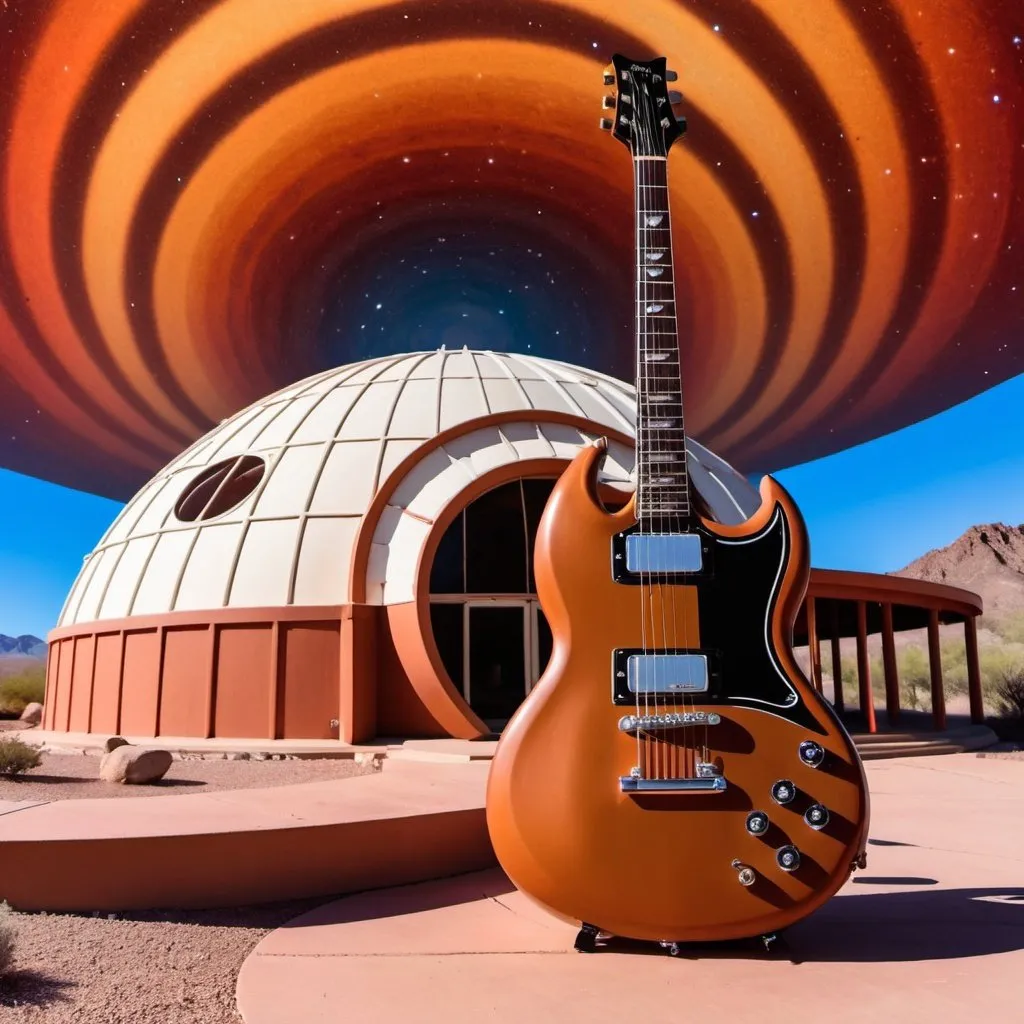 Prompt: Integratron with brown gibson SG in front and psychedelic background