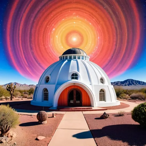 Prompt: Integratron with psychedelic background