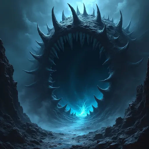 Prompt: massive black cosmic maw with jagged bone spikes glowing eerie blue, swallowing void and distorting reality, cosmic horror, dark eldritch abyss, highly detailed, surreal atmosphere