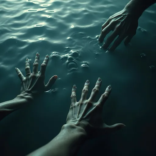 Prompt: dark liquid dream ocean with rippling twisted faces, giant shadowy hands reaching for sleeping souls, nightmare realm, ethereal horror, deep shadows, atmospheric