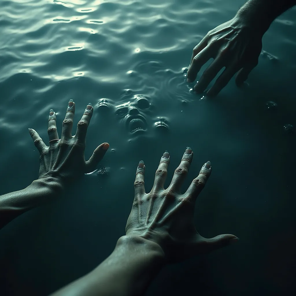 Prompt: dark liquid dream ocean with rippling twisted faces, giant shadowy hands reaching for sleeping souls, nightmare realm, ethereal horror, deep shadows, atmospheric