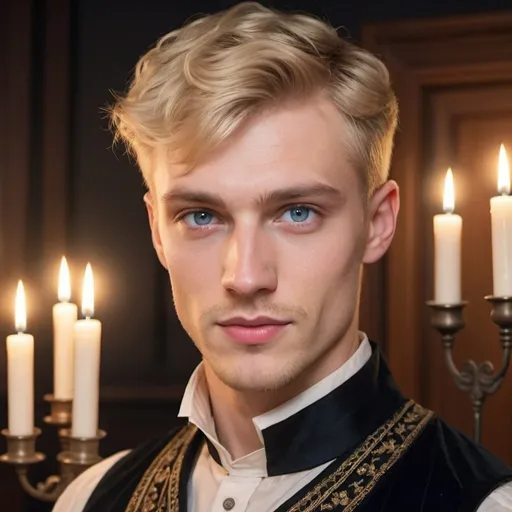 Prompt: A man in his mid twenties, blonde short hair, blue eyes, looks like a Scandinavian model, sharp jawline, smirk, cupid bow shape lips. He’s wearing Slavic folklore clothes, in a Victorian office with candle lights