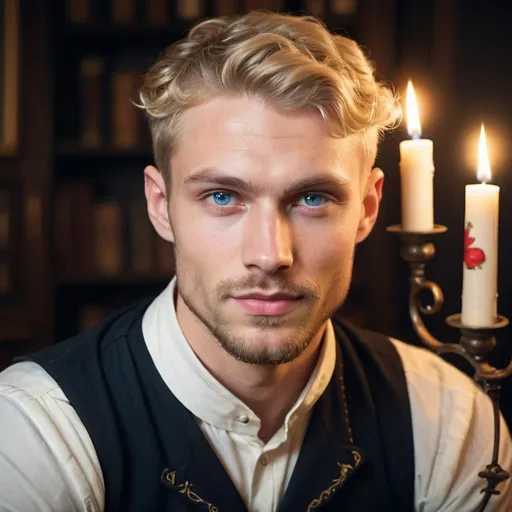 Prompt: A man in his mid twenties, blonde short hair, blue eyes, looks like a Scandinavian model, sharp and strong jawline, he’s is smirking, cupid bow shape full lips, a full beard, curls covering his ears, prominent cheekbones, confident expression
He’s wearing Slavic folklore clothes, in a Victorian office with candle lights. 