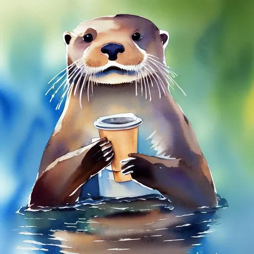 Prompt: watercolor river otter holding a coffee cup

