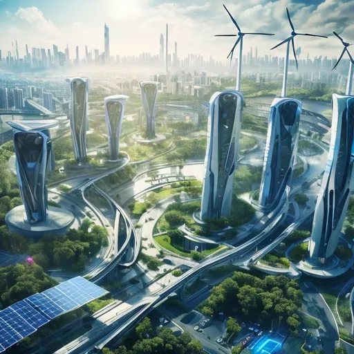 Prompt: Futuristic cityscape with e-mobility, renewable energy sources, green, high-tech infrastructure, ultra-detailed, sci-fi, cyberpunk, sustainable transportation, electric vehicles, solar panels, wind turbines, lush greenery, modern architecture, advanced technology, clean energy, vibrant and eco-friendly, professional, atmospheric lighting