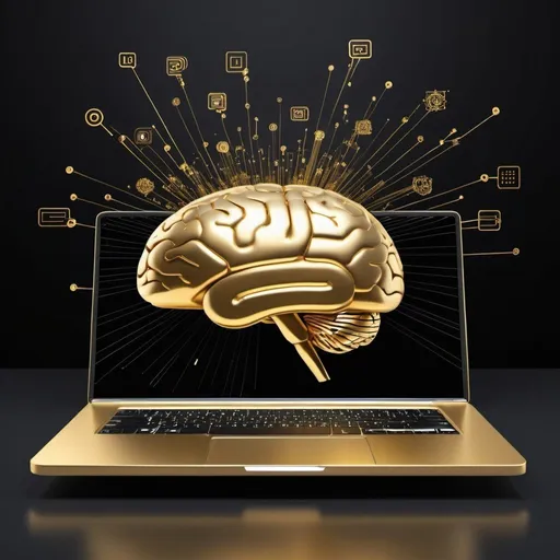 Prompt: Based on a brain, create a digital based background to be used as an invitation to promote the launch of a new AI platform offering business process optimisation.  Include an image of a gold laptop which is talking to a brain. IN the background show data streams.  Use black and pantone 7409c colours in the background