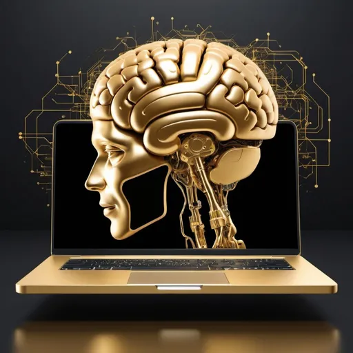 Prompt: Based on a brain, create a digital based background to be used as an invitation to promote the launch of a new AI platform offering business process optimisation.  Include an image of a gold laptop which is talking to the brain. Use black and pantone 7409c colours in the background