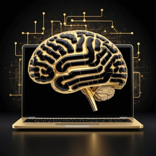 Prompt: Based on a brain, create a digital based background to be used as an invitation to promote the launch of a new AI platform offering business process optomisation.  Include an image of a laptop which is talking to the brain. Do not feature the word AI or artifical intelligence. Use black and gold colours in the background