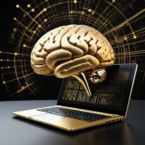 Prompt: Based on a brain, create a digital based background to be used as an invitation to promote the launch of a new AI platform offering business process optomisation.  Include an image of a laptop which is talking to the brain. Do not feature the word AI or artifical intelligence. Use black and gold colours in the background