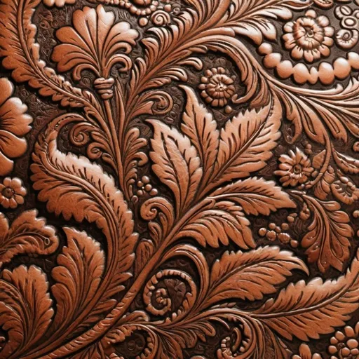 Prompt: Hand tooled leather, full image, repeating pattern of flowers and paisleys