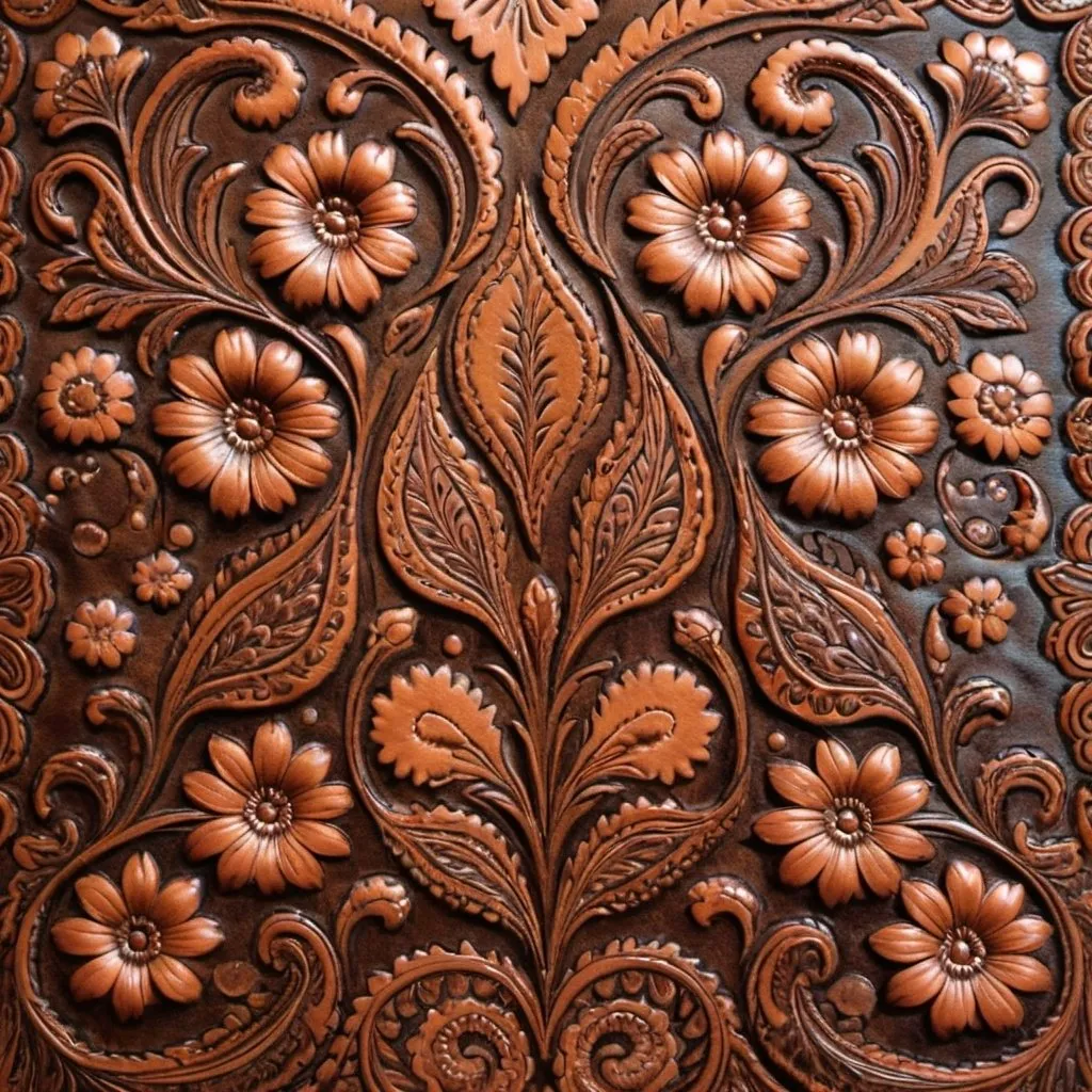 Prompt: Hand tooled leather, full image, repeating pattern of flowers and paisleys