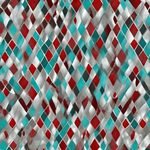 Prompt: Basic harlequin diamond repeating pattern for full image in shades of teal, silver and red